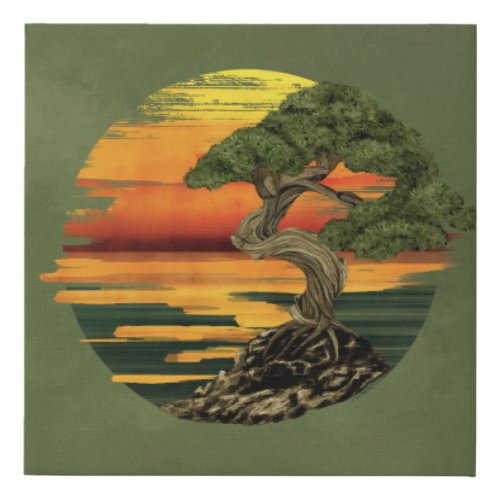 Bonsai Tree Sunset over sea Faux Canvas Print