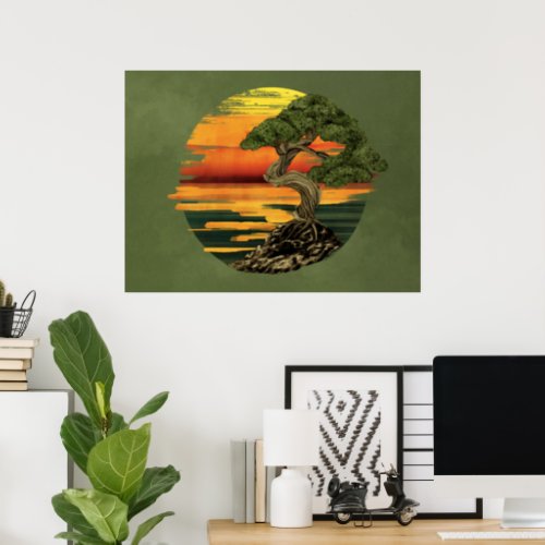 Bonsai Tree Sunset over sea Poster