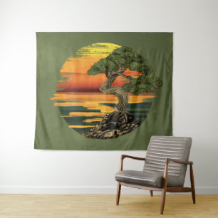 Bonsai Tree Sunset over sea Tapestry