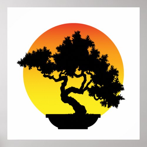Bonsai Tree with Sunset Poster