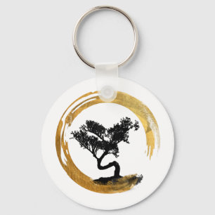 Bonsai Tree. Zen Enso Circl. Feng Shui Calligraphy Keychain