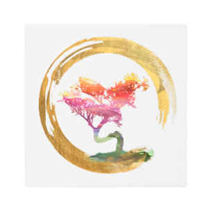 Bonsai Tree. Zen Enso Circle. Watercolor Art