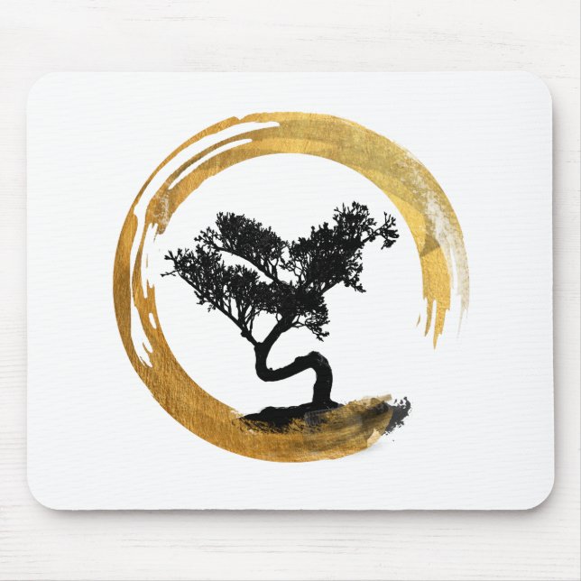 Bonsai Tree. Zen Enso Circle. Watercolor Art Mouse Pad (Front)
