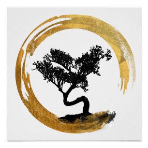 Bonsai Tree. Zen Enso Circle. Watercolor Art Poster