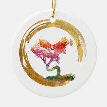 Bonsai Tree. Zen Enso Circle. Watercolor Feng Shui