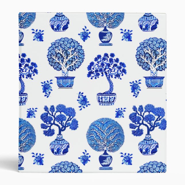 Bonsai Trees Pattern in Cobalt Blue and White 3 Ring Binder (Front)