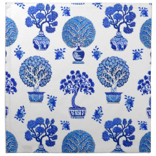 Bonsai Trees Pattern in Cobalt Blue and White Cloth Napkin