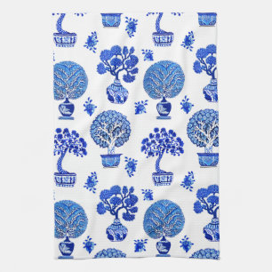 Bonsai Trees Pattern in Cobalt Blue and White Kitchen Towel