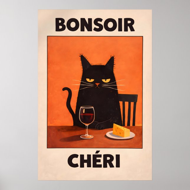 Bonsoir Chéri Black Cat Poster, French Wine Cheese Poster (Front)