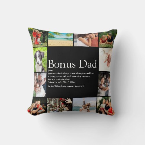 Bonus Dad Definition Stepdad Photo Collage Black Throw Pillow