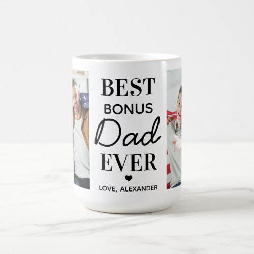 BONUS DAD Personalized 2 Photo Father's Day Coffee Mug - Surprise your bonus dad or step dad this fathers day with a personalized photo coffee mug.  
"Best Bonus DAD Ever ." Personalize this bonus dad mug with favorite photos, message and name.. Visit our collection for the best dad father's day gifts and personalized dad gifts. COPYRIGHT © 2020 Judy Burrows, Black Dog Art - All Rights Reserved. BONUS DAD Personalized 2 Photo Father's Day Coffee Mug