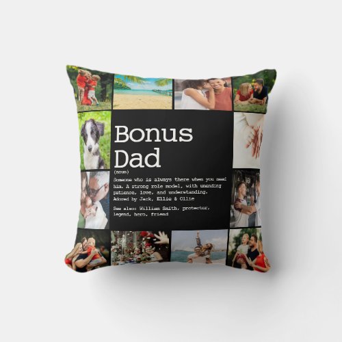 Bonus Dad Stepdad Definition Photo Collage Black Throw Pillow