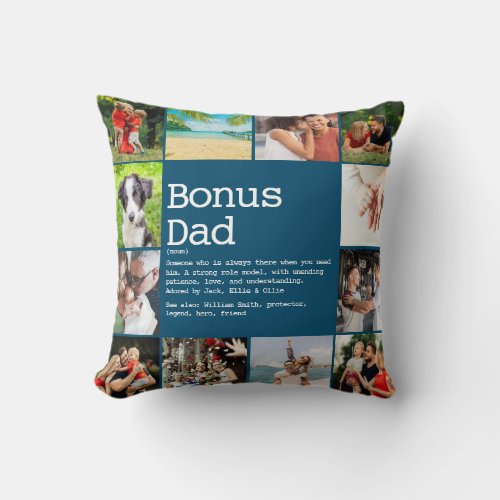 Bonus Dad Stepdad Definition Photo Collage Blue Throw Pillow