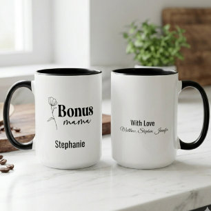 Bonus Mama Minimalist Boho Line Art Flower Black Mug