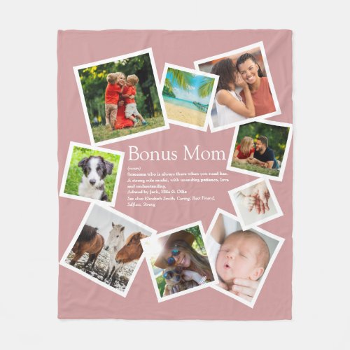 Bonus Mom Definition 9 Photo Collage Blush Pink Fleece Blanket