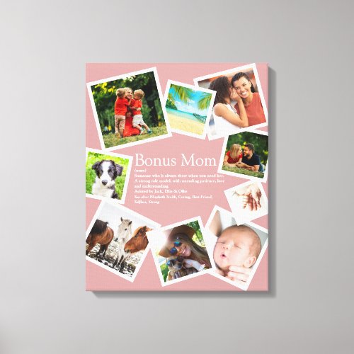 Bonus Mom Definition Blush Pink 9 Photo Collage Canvas Print