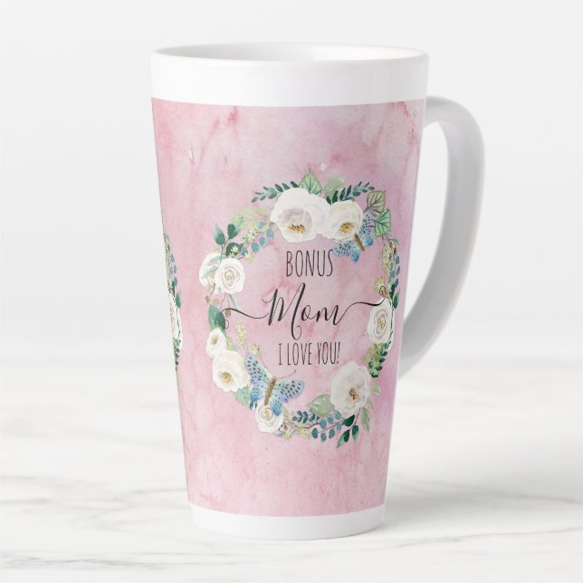 Bonus Mom I Love You Pink White Boho Floral Wreath Latte Mug (Right Angle)