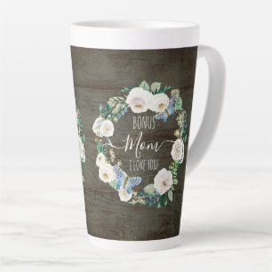 Bonus Mom I Love You, Rustic White Floral Wreath Latte Mug