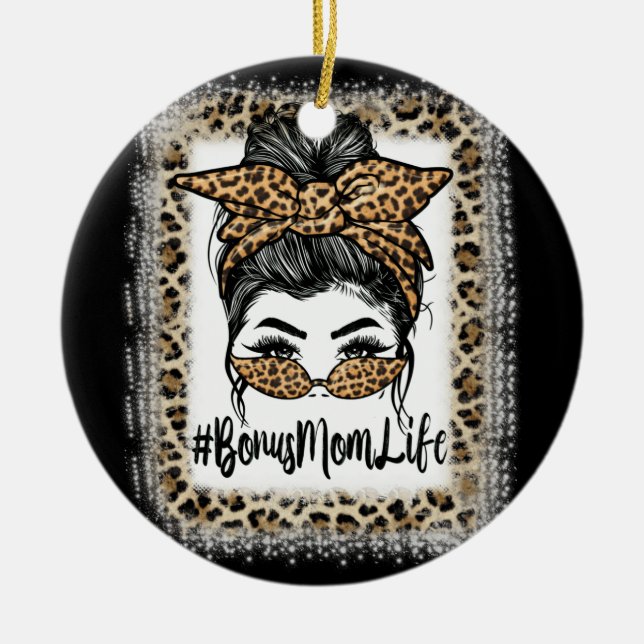 Bonus Mom Life Hair Bandana Glasses Leopard Mother Ceramic Ornament (Front)
