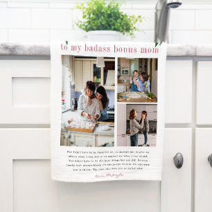 "Bonus Mom" Step Mom Floral 3 Photo Tea Towel