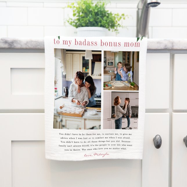 "Bonus Mom" Step Mom | Floral 3 Photo Tea Towel (Creator Uploaded)