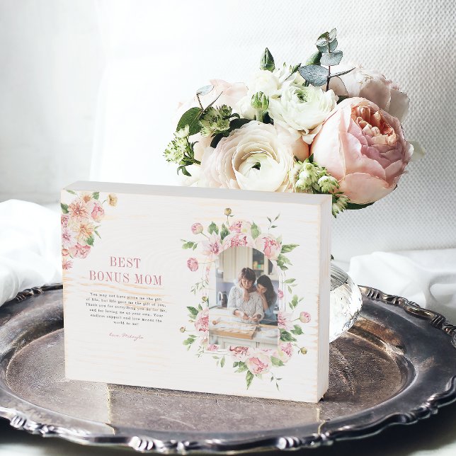 "Bonus Mom" Step Mom | Floral Arch Photo  Wooden Box Sign (Creator Uploaded)
