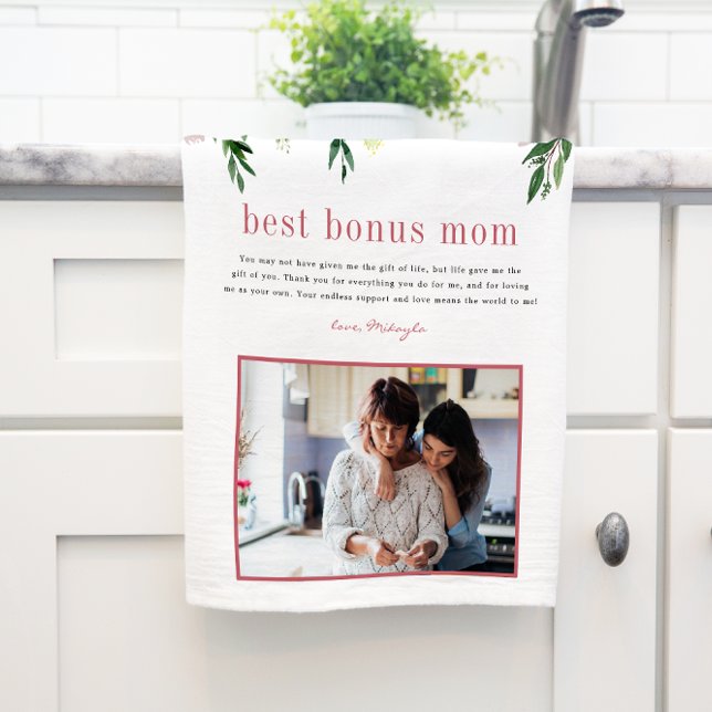 "Bonus Mom" Step Mom | Floral Photo Tea Towel (Creator Uploaded)