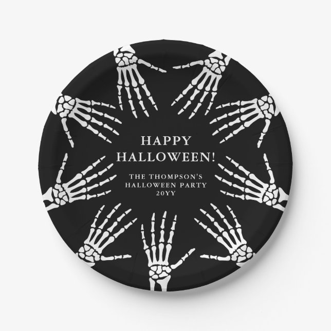 Bony Skeleton Hands On Black Happy Halloween Paper Plates (Front)