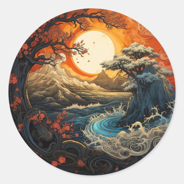 Bonzai Tree Wave Yin Yang Martial Arts Classic Round Sticker (Front)
