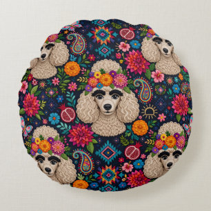 Boo22 Artist Poodle Boho Floral – Colorful Poodle Round Pillow