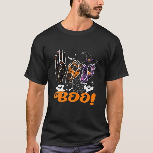 Boo American Sign Language ASL Deaf Halloween Cost T-Shirt (Front)