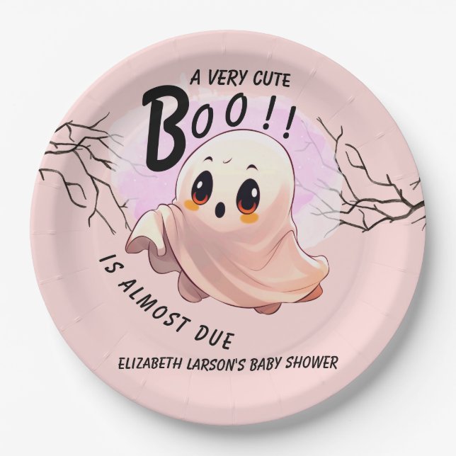 Boo Baby Shower Halloween Pink themed Cute Party Paper Plates (Front)