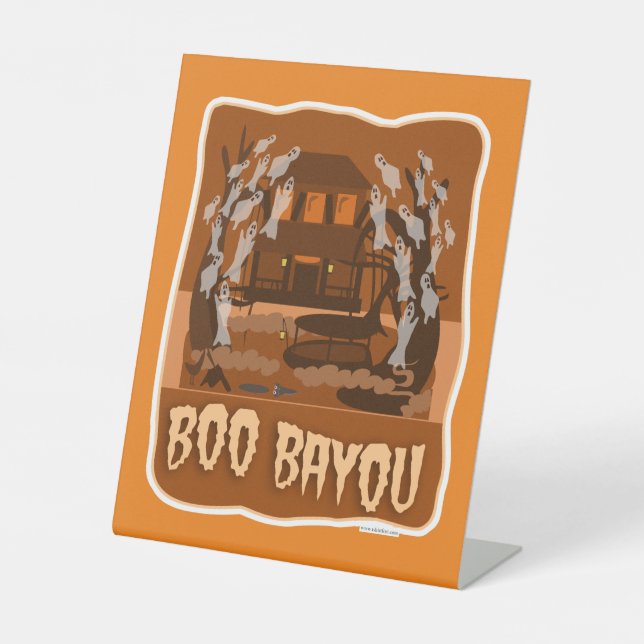 Boo Bayou Haunted Scary Halloween Cartoon Pedestal Sign (Front)