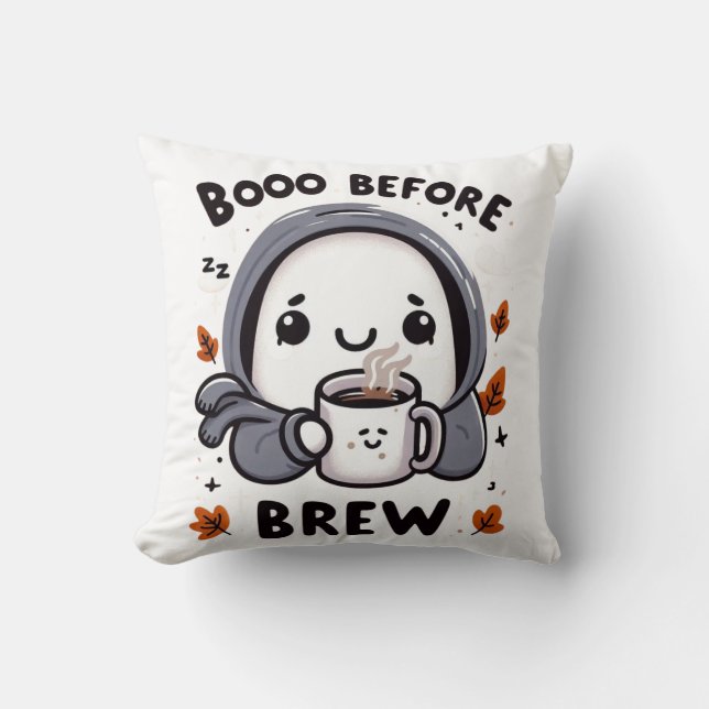 Boo Before Brew Funny Ghost Cute Halloween Coffee Throw Pillow (Front)