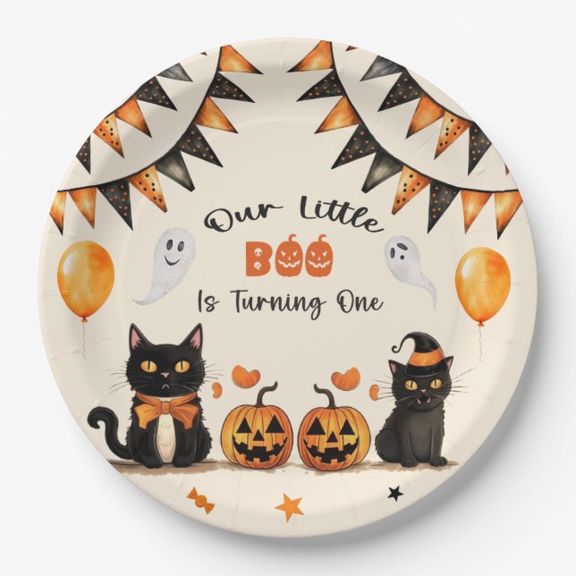 Boo Black Cat Halloween Party Is Turning One Paper Plates (Front)