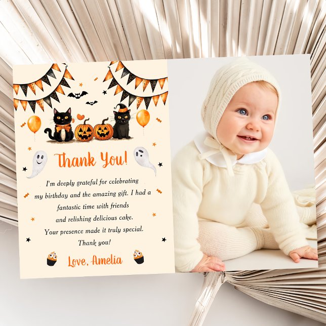 Boo Black Cat Halloween Party Photo  Thank You Card (Creator Uploaded)