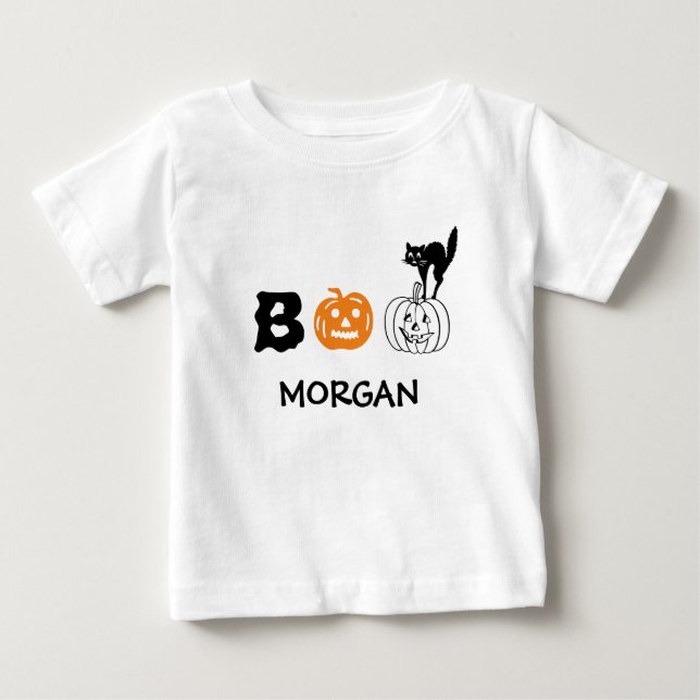 Boo black cat orange pumpkin custom name Halloween Baby T-Shirt (Front)