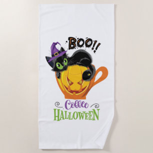 Boo Black Cat, Scary Pumpkin Coffee Halloween Beach Towel