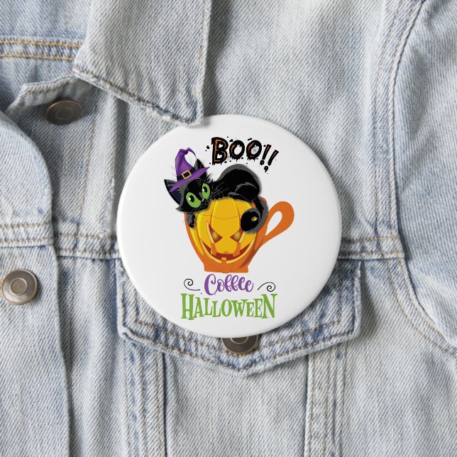 Boo Black Cat, Scary Pumpkin Coffee Halloween Button (In Situ)