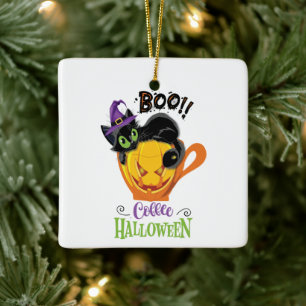 Boo Black Cat, Scary Pumpkin Coffee Halloween Ceramic Ornament