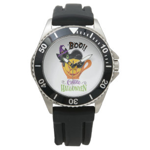 Boo Black Cat, Scary Pumpkin Coffee Halloween Watch