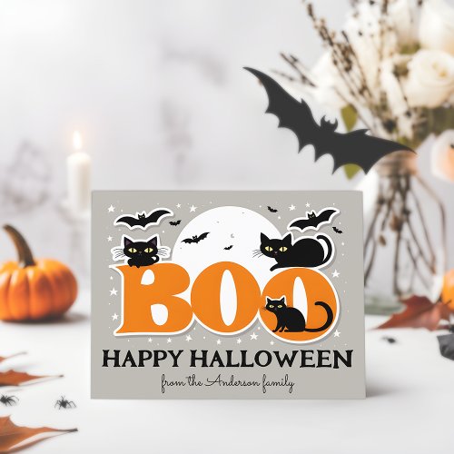 Boo Black Cats and Bats Happy Halloween Postcard