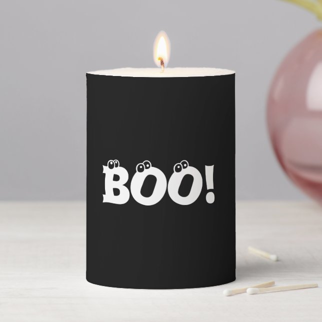 Boo black eyeballs typography funny Halloween Pillar Candle (In Situ)