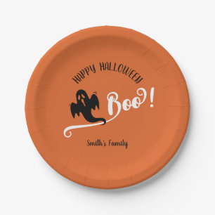 Boo Black Little Ghost Happy Halloween Orange Paper Plates