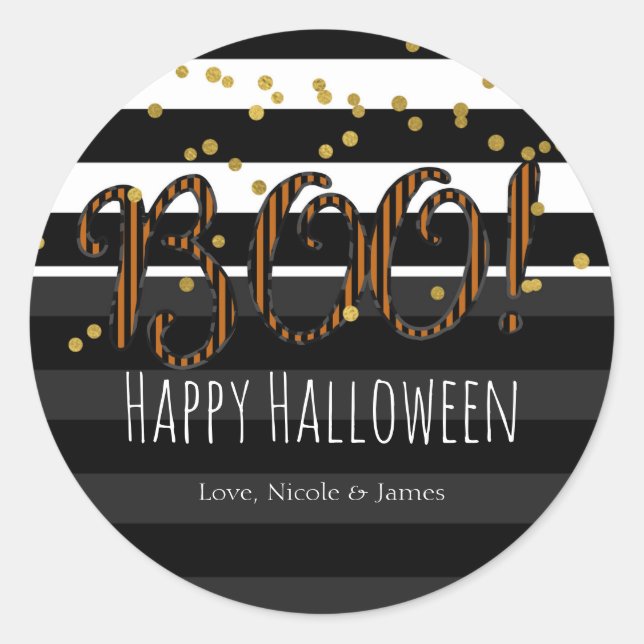Boo! Black & Orange Halloween Party Favor Classic Round Sticker (Front)