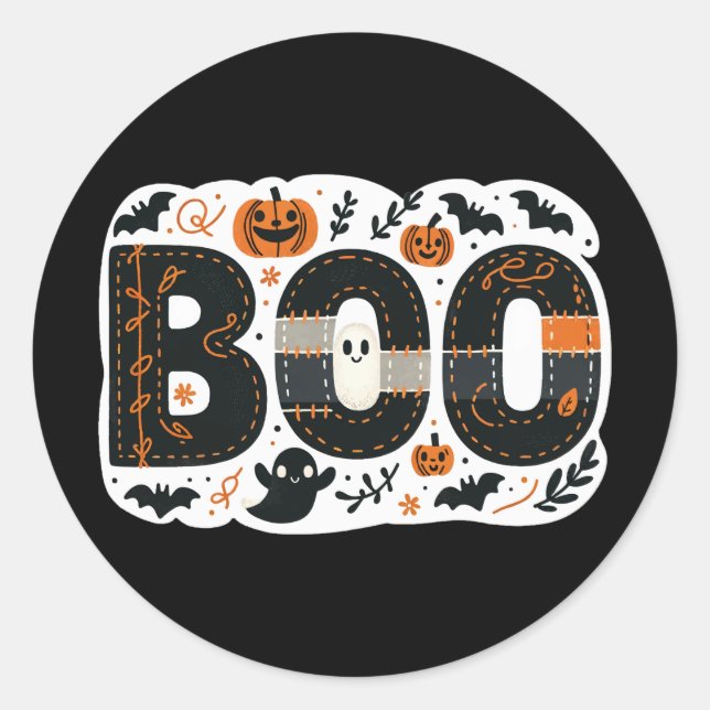 BOO Black & Orange Pumpkins Bats & Ghosts Classic Round Sticker (Front)