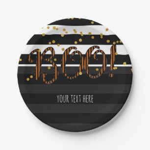 Boo! Black & Orange White Gold Halloween Party Paper Plates