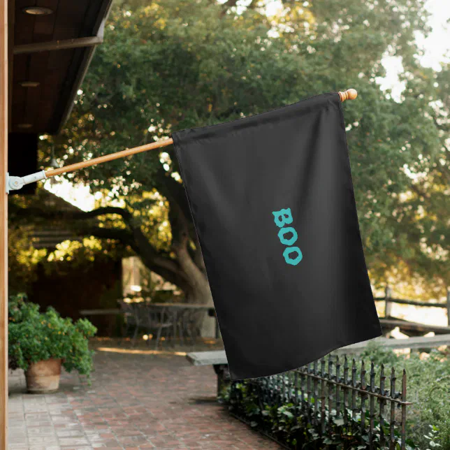 Boo black teal scary spooky typography Halloween House Flag | Zazzle