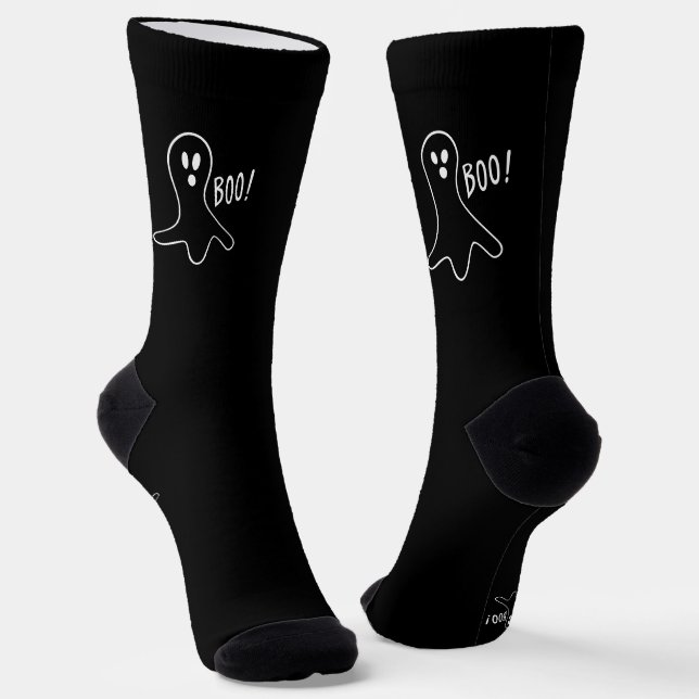 Boo black white ghost spooky fun cute Halloween Socks (Angled)