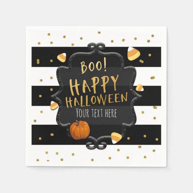BOO! Black & White Striped Candy Corn Halloween Napkins (Front)